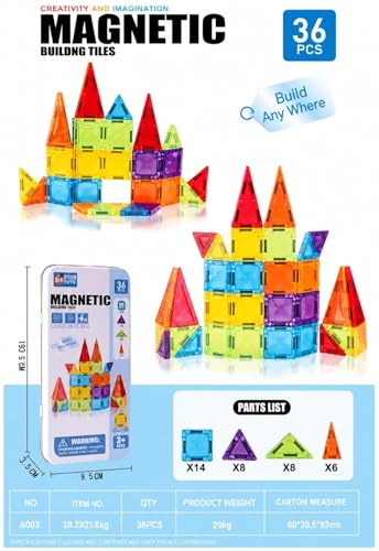 Image of Happy Hues 36-Pc Magnetic Building Tiles Set - 3D Clear Magnet Blocks STEM Educational Toys - Creative Construction Castle Set with Storage Box for Toddlers, Boys & Girls Ages 3+