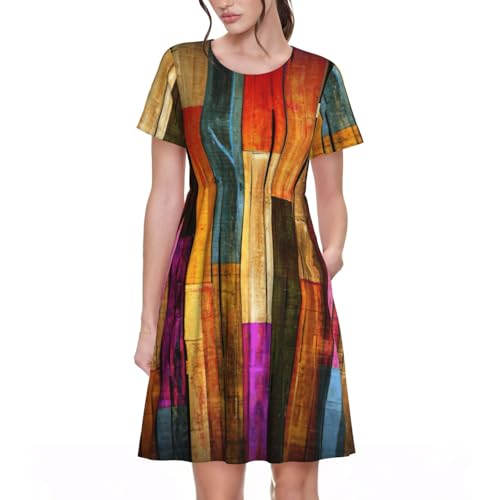 Robe d'été élégante fluide à manches courtes et motif bois