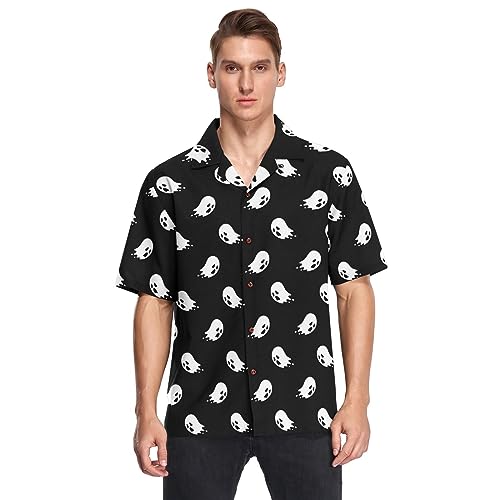 Fisyme Halloween Ghost Hawaiian Shirt for Men Loose-Fit Short Sleeve Button Down Beach Casual Boy Shirts, M