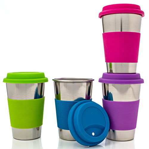 Ryvva Stainless Steel Drinking Cups with Lids & Sleeves - 16 oz Pint Glasses for Cold Drinks & Smoothies - Tumblers for Adults, Kids and Toddlers - Eco-Friendly BPA-Free - 4-Pack