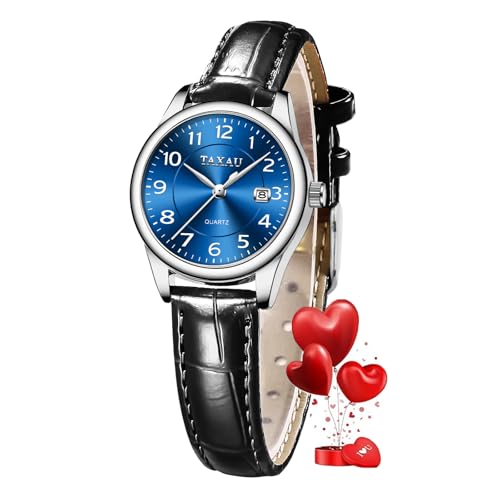 Taxau Ladies Watch for Small Wrist Causal Classic Black Leather Watch Dainty Waterproof Watches for Women Easy Read Blue Face Women's Wrist Watches with Date Arabic Numeral
