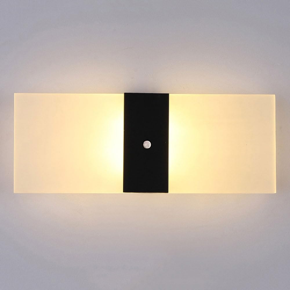 Aplique de Pared LED Rectangular Negro con Detector de Movimiento, 12 W, 3000 K/6000 K, Ideal para pasillos, escaleras y entradas de hoteles. Lámpara de Pared de 6000 K.