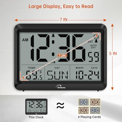 WallarGe Atomic Digital Wall Clock Battery Operated, Self-Setting, Large Display with Temperature, Date, Day of The Week, Silent Wall Mount Digital Clock, 4 Time Zones, DST - Image 4