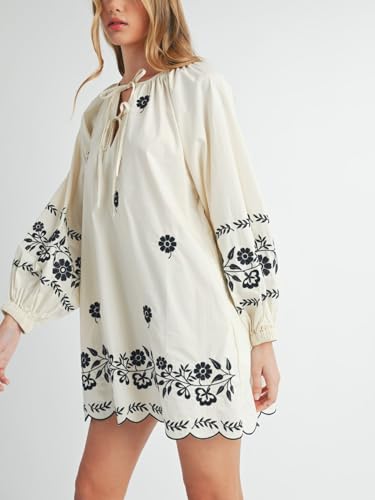 Image of Joiemont Womens Embroidered Long Sleeve Mini Dress Loose Fit Vintage Embroidery Dress with Double Neckline Self Tie
