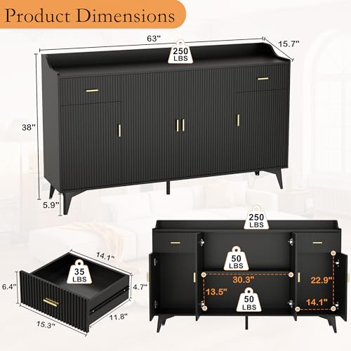 Mhsatyrs Sideboard Buffet Cabinet with Drawers: 63" Black Fluted Sideboard Cabinet with Storage, Modern Dining Room Cabinets Storage, Credenzas for Living Room(63") - Thumbnail 2