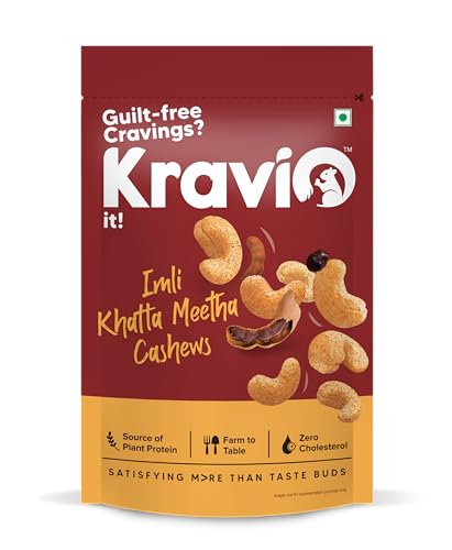 Image of Kravio Premium Imli Khatta Meetha Roasted Cashew Nuts 200g | Zero Cholesterol Natural Jumbo Size Whole Kaju Nuts & Dry Fruits | Rich in Protein, Roasted Crunchy Delicious Healthy Snacks
