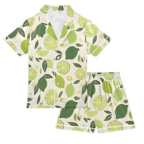Green Lemon Pattern Summer Satin Pajama Set, Cute Button-Down Sleepwear Pj Set for Sleep Wears