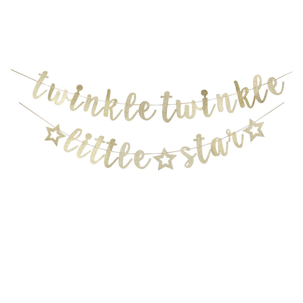 Twinkle Twinkle Little Star Banner, Fun Gold Glitter Sign for Birthday Party Bunting, Baby Shower Party Decors Supplies