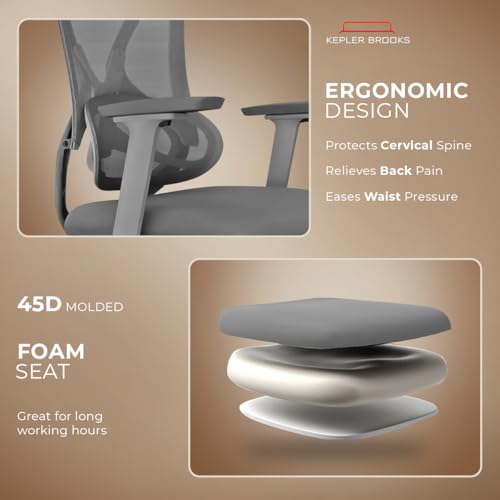 Image of Kepler Brooks Vogue Premium Office Chair for Work | 3-Yr Warranty | Ergonomic Office Chair, Study Chair, 2D Headrest, 3D Arms, Multi Lock Seat Slider with Heavy Duty Metal Base (Grey)