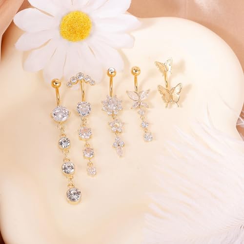 REVOLIA 5Pcs 14G Surgical Steel Dangle Belly Button Ring for Women Dangle Navel Ring Curved Belly Rings CZ Butterfly Barbell Body Piercing Jewelry2