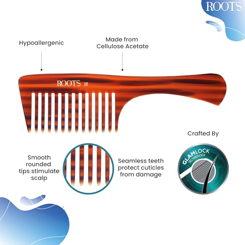 Image of ROOTS Comb with Handle | Wide Teeth | Smooth & Round Teeth prevent Hair & Scalp damage | For Women with Straight, Long, Silky, Wavy Hair | Wet & Dry use | Length - 8.4 Inch | Model No - 38