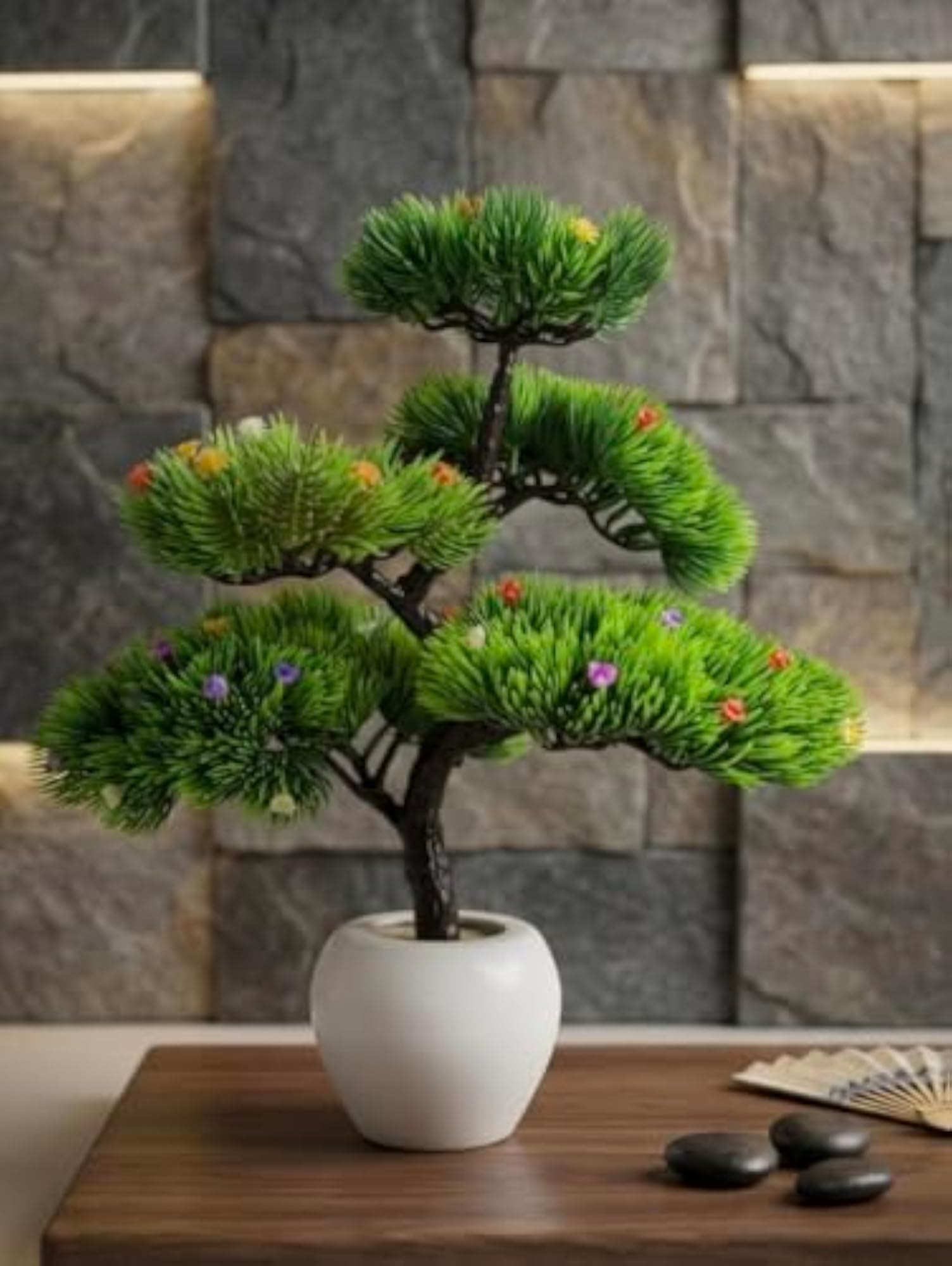 Artificial Green Bonsai Plant with White Ceramic Pot