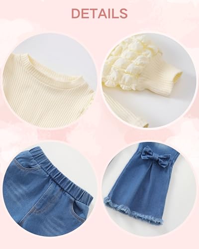 Renotemy Toddler Baby Girl Clothes Fall Winter Outfit Puff Bubble Sleeve Sweatshirt Denim Bell Bottom Jeans Matching Outfits4