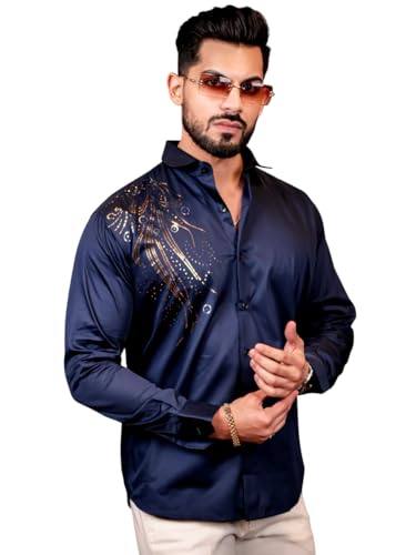 Image of Foomer Navy Blue Sequin Club Wear Shirt for Men - Elegant Shine with Satin Cotton Fabric - Party Shirt Ideal for Trendy Occasions