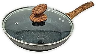 AEX Non-Stick Copper Frying Pan with Wooden Handles | Suitable for Induction, Electric and Gas Hobs | Stone Frying Pan | Anti-Scratch Pans (24 Cm with Lid)