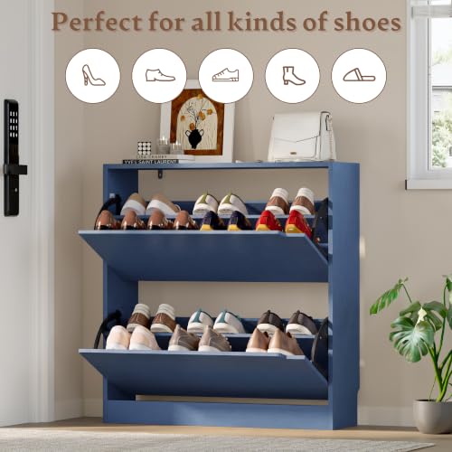 Image of BORNOON Shoe Cabinet with 2 Flip Drawers, Slim Narrow Shoe Storage Cabinet, Freestanding Shoe Organizer with Adjustable & Removable Shelves, Top Display Shelf for Entryway, Hallway, Foyer, Closet