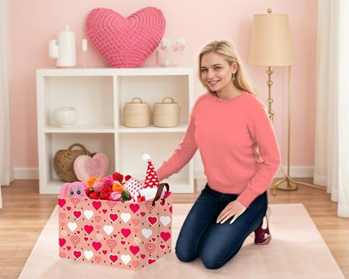 Image of Large Valentine's Day Basket Heart Shaped Storage Bin for Gifts Collapsible Organizer Room Decor (Pink Bottom Red White Love)