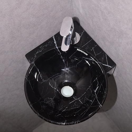Image of REMOTION Wall Mounted Wash Basin for Bathroom | Wall Hung Corner Sink | Ceramic Round Wall Hung Wash Basin | Wall Hung Small Corner Basin (16.3 x 13.8 x 4.3 Inch) (Glossy Black White Stripe)