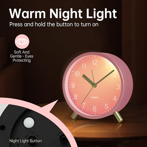 Image of JALL Analog Alarm Clock, 4 inch Super Silent Non Ticking Small Clock with Night Light, Battery Operated, Simple Design, Easy Setting for Office, Bedroom, Bedside, Desk, Teens, Elders, Adult, Pink