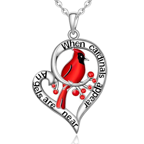 Fenthring Cardinal Necklace Heart Red Bird Spiritual Memorial Engraved When Cardinal Appear Angels are Near Dainty Inspirational 925 Sterling Silver Animal Necklaces for Loss of Loved Heart