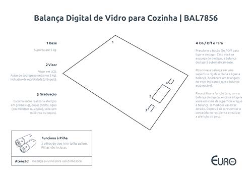 Balança digital para Cozinha de Vidro, 5 Kg, Vermelho,BAL7856, Euro Home