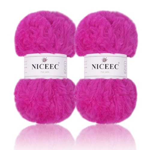 Image of NICEEC 2 Skeins Faux Fur Yarn Super Soft, Chunky & Fluffy, Eyelash Yarn for Crochet & Knitting (Total Length 70yds,3.53oz) - Bright Pink