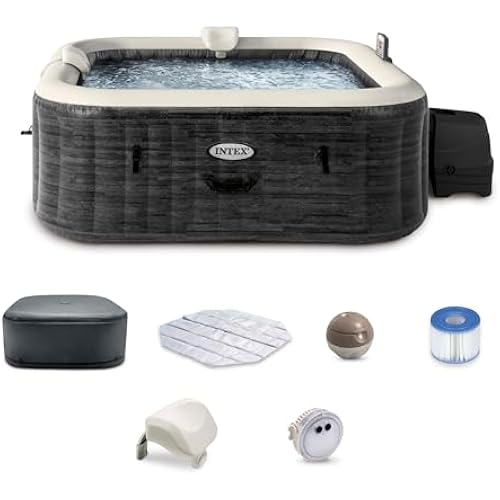 INTEX PureSpa 4 Person Inflatable Hot Tub with Energy-Efficient Spa Cover | 28449EP Greystone Deluxe: Built-in Hard Water Treatment, 69in x 28in - 2 Headrests & LED Light Included
