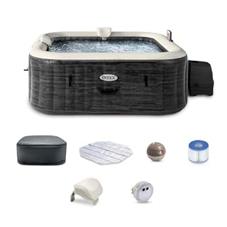 INTEX PureSpa Greystone Deluxe 4 Person Square Inflatable Hot Tub, Bubble Massage Spa Set with Energy Efficient Cover, 2 Headrests, & LED Light, 69 in x 28 in