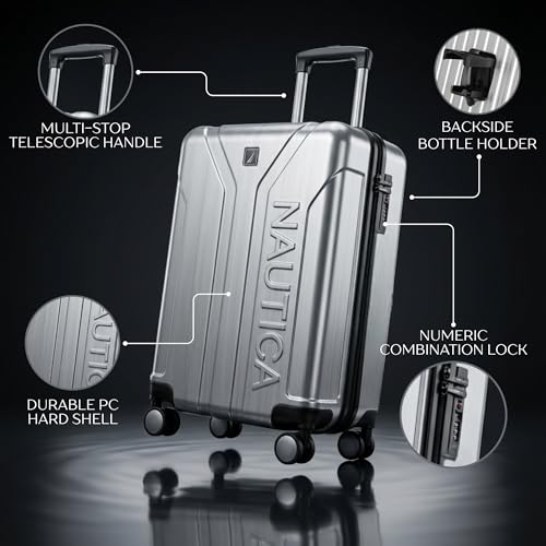 Image of Nautica 20 inch Polycarbonate Hard-Sided Unisex Cabin Luggage Trolley | 8-Wheel Spinner, Telescopic Handle | Durable, Secure Combination Lock | Modern Design Travel Suitcase for Men & Women | Silver