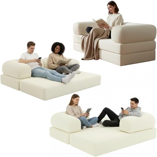 Bananair - Canapé Convertible 2 Places Fabriqué en France – Canapé Lit Modulable en Mousse Haute Densité et Tissu Velours Côtelé – Design Innovant Boneless Couch, Expédié Compressé (Écru)