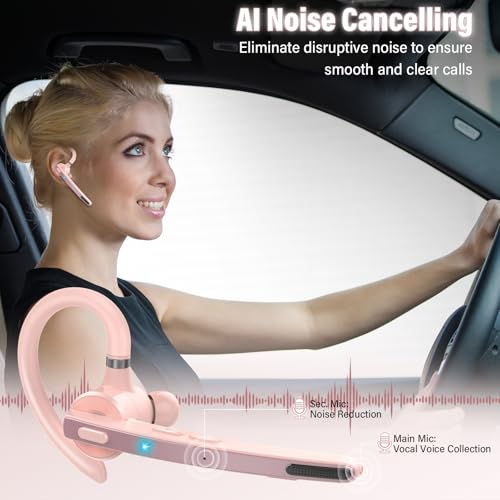 Image of 2026 Bluetooth Headset, Wireless Bluetooth 5.3 Earpiece, 90Hrs Single-Ear Headset with APTX HD Audio & Mute Button, Dual Noise Cancelling Mics, Hands Free Headphone for Trucker, Business, Gym, Pink