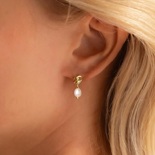 Pearl Earrings-14K Gold Plated Dainty Pearl Huggie Small Hoop Drop Dangle Earrings for Women Bridal Bridesmaids Elegant Wedding Jewelry3