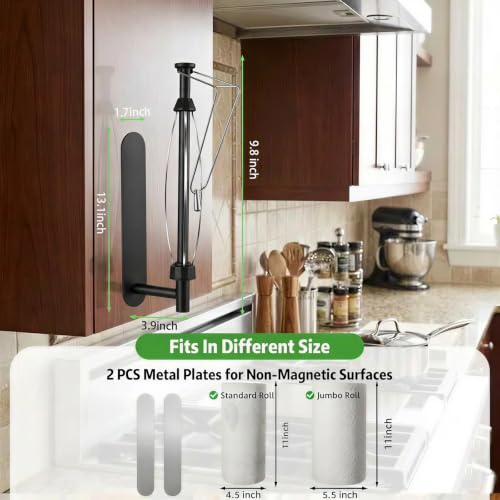 Image of KIHOGEM Magnetic Paper Towel Holder for Fridge Stainless Steel | Paper Towel Holder Magnetic with Gravity-Weighted Arm, Kitchen Paper Towel Holder with 2 Metal Plates for Wall, Cabinet, RV