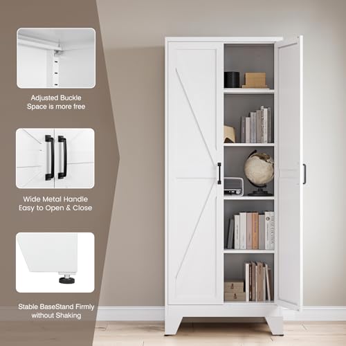 Image of Yizosh Metal Storage Cabinet with Doors and 4 Adjustable Shelves - 75 inch White Kitchen Pantry Storage,4-Tier Tall Steel Cabinet Locker for Kitchen,Living Room,Dining Room