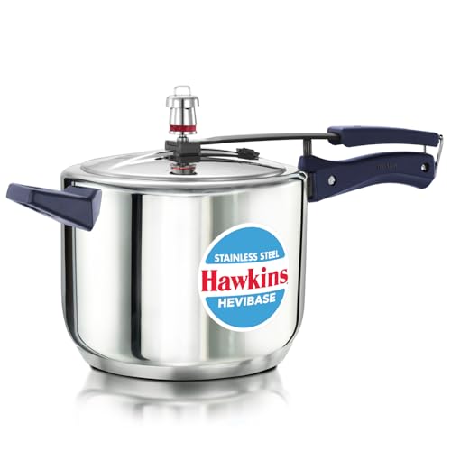 Image of Hawkins Hevibase 5 Litre Stainless Steel Pressure Cooker | Straight Body | Induction & Gas Compatible | Ideal for 5-7 persons | ISI Certified | Guaranteed for 5 year | Silver (HSI50)