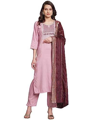 Image of VredeVogel Women Cotton Slub Straight Kurta Set With Pant and Net Embroidery Dupatta