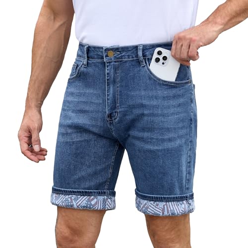Image of Men's Jean Shorts, Stretch Denim Jorts with American Flag Cuffs, Relaxed Fit Casual Summer Shorts with 5 Pockets