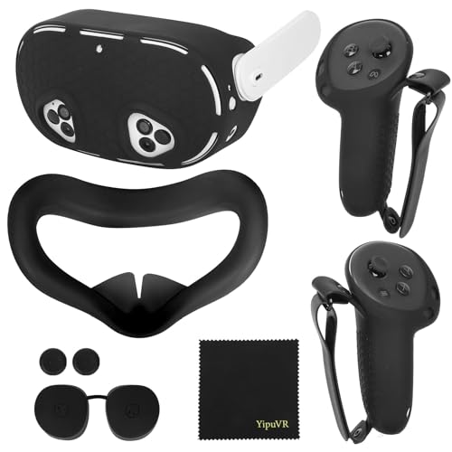 YipuVRシリコンカバーセット メタクエスト3S用、オキュラスクエスト3S用アクセサリー、VRシリコン保護カバー、コントローラーグリップカバー、VRフェイスカバー、レンズカバー、レンズクロス付き (ブラック)の商品画像（Amazon）