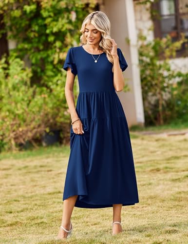 Image of Zeagoo Summer Dresses for Women 2026 Maxi Bohemian Floral Short Sleeve Long Dress Casual Flowy Tired Beach Sundress