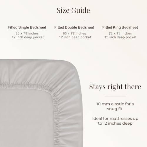 Image of Huesland 300 TC Premium 100% Pure Cotton Luxe Soft Touch Fitted Single Size Bedsheet Cotton with 2 Pillow Covers | Glacier Grey | 36 x 78 Inches