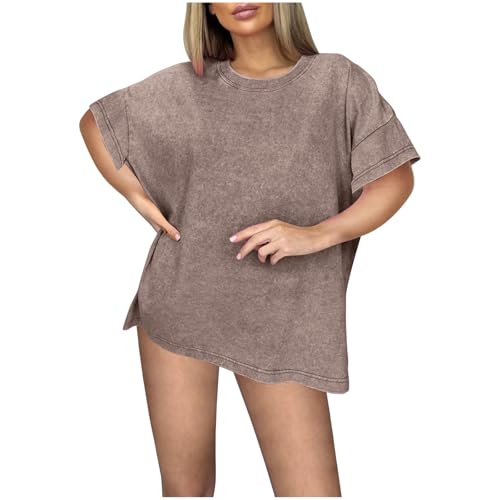 Cotton Shirts for Women Short Sleeve Tops Crew Neck Casual Summer Fashion Tops Loose Fit Tee Trendy Tshirt Blouse Khaki
