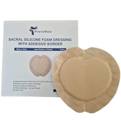 PintoMed   Apósito Estéril Adhesivo de Espuma de Silicona con Borde   Sacro   18cm x 18cm (almohadilla 12,8cm x 13,5cm) caja de 5 apósitos. Absorbente. Para el tratamiento de heridas crónicas y agudas