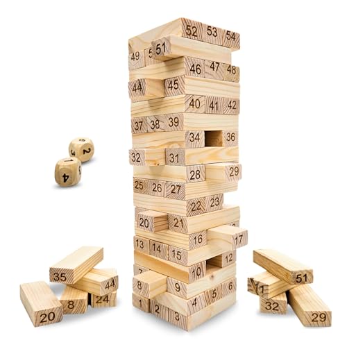 Image of 54 Pcs Wooden Tumbling Tower Game | Indoor Stacking Puzzle Blocks for Kids, Adults & Families | Fun Balancing Toy for Boys & Girls of All Ages | Party Game & Brain Training