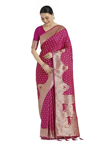 Monjolika Fashion Elegant Rani Pink Color Banarasi Satin Silk Saree With Gold Zari Weaving Work Comes with Uns