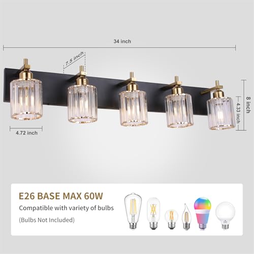 Image of She's home 5-Light Vanity Lights for Bathroom: Black Gold Vanity Lights with Crystal Glass Shade, Modern Crystal Bathroom Light Fixtures Over Mirror, 34inch Black Gold Wall Sconce for Bath, E26 Base