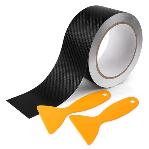 Carbone Adhésif pour Voiture, Film Carbone Autocollant Noir 5cm x 10m avec Grattoir, Bande de Seuil de Porte Fibre de Imperméable et Résistante aux Rayures, Décoration et Protection pour SUV, Berlines