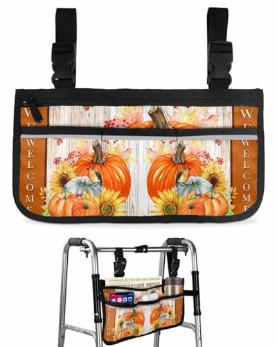 Anzona Autumn Sunflower Wheelchair Side Bag Walker Bag, Fall Pumpkins Floral Bird Wooden Wheelchair Accessories Armrest Pouch, Organizer Storage Bag for Walkers, Rollators, Scooters, 7.3''x13''