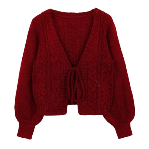Image of ZAFUL Women's Tie Front Crop Cardigan Sweater V-Neck Lantern Sleeve Open Front Loose Casual Knitwear