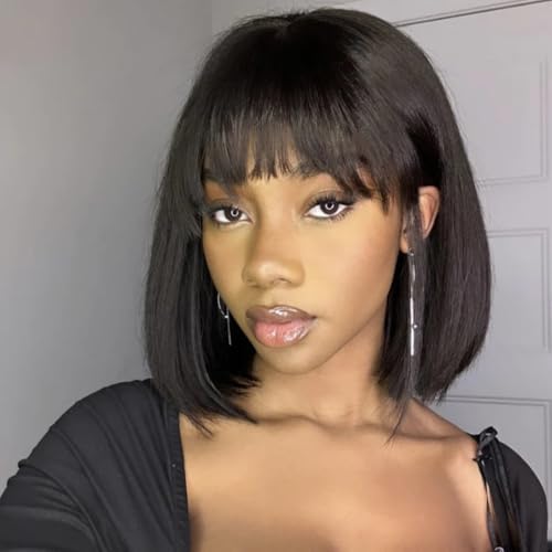 KLAIYI Light Yaki Straight Bob Wig with Bangs Human Hair