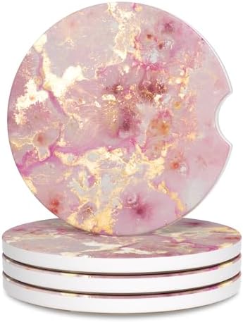 Car Cup Holder Coaster, Car Coasters for Cup holders, 4 Pack Anti Slip Insert Absorbent Ceramic Car Coaster with A Finger Notch & Cork Base, Cute Car Interior Accessories for Women, Golden Pink Marble